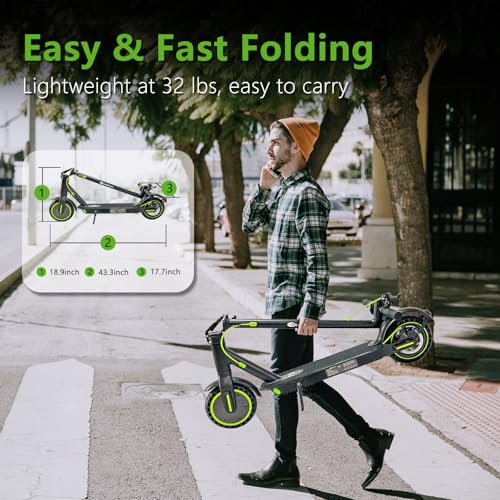 Electric Scooter with 500W Motor, 15-19MPH Max Speed, 18-21 Miles Range, 8.5" Solid Tires, 7.8AH Battery, Foldable (Green) B52561