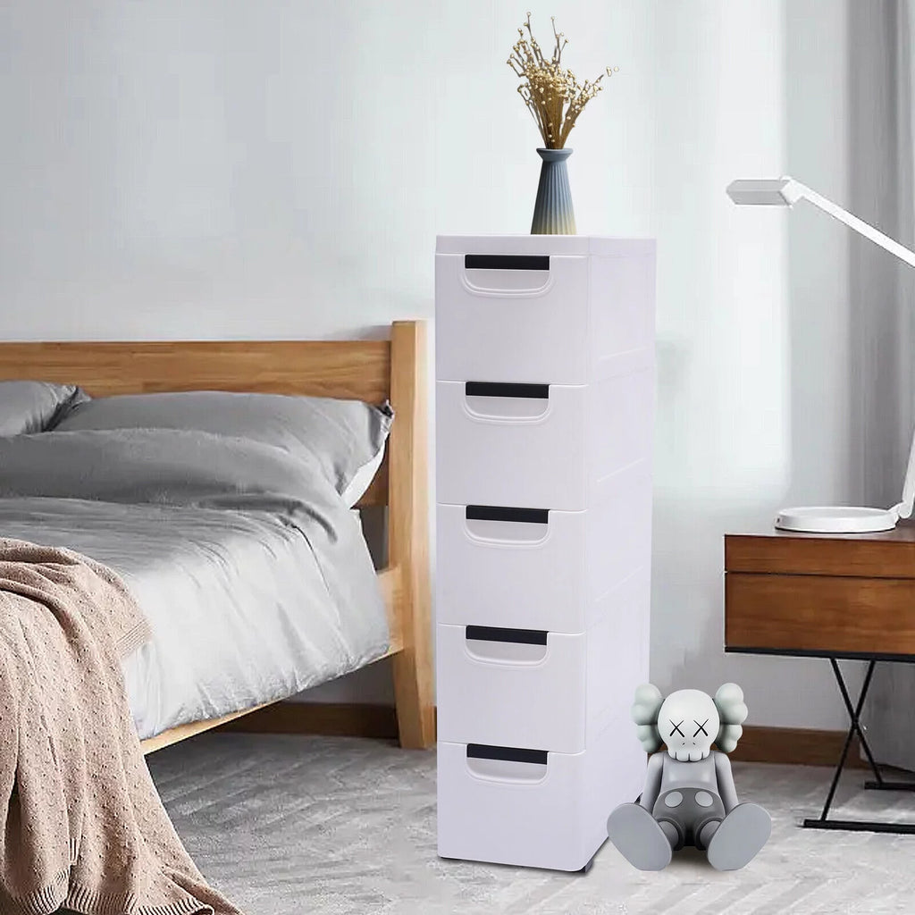 White Narrow Plastic 5 Drawer Dresser with Wheels L7823