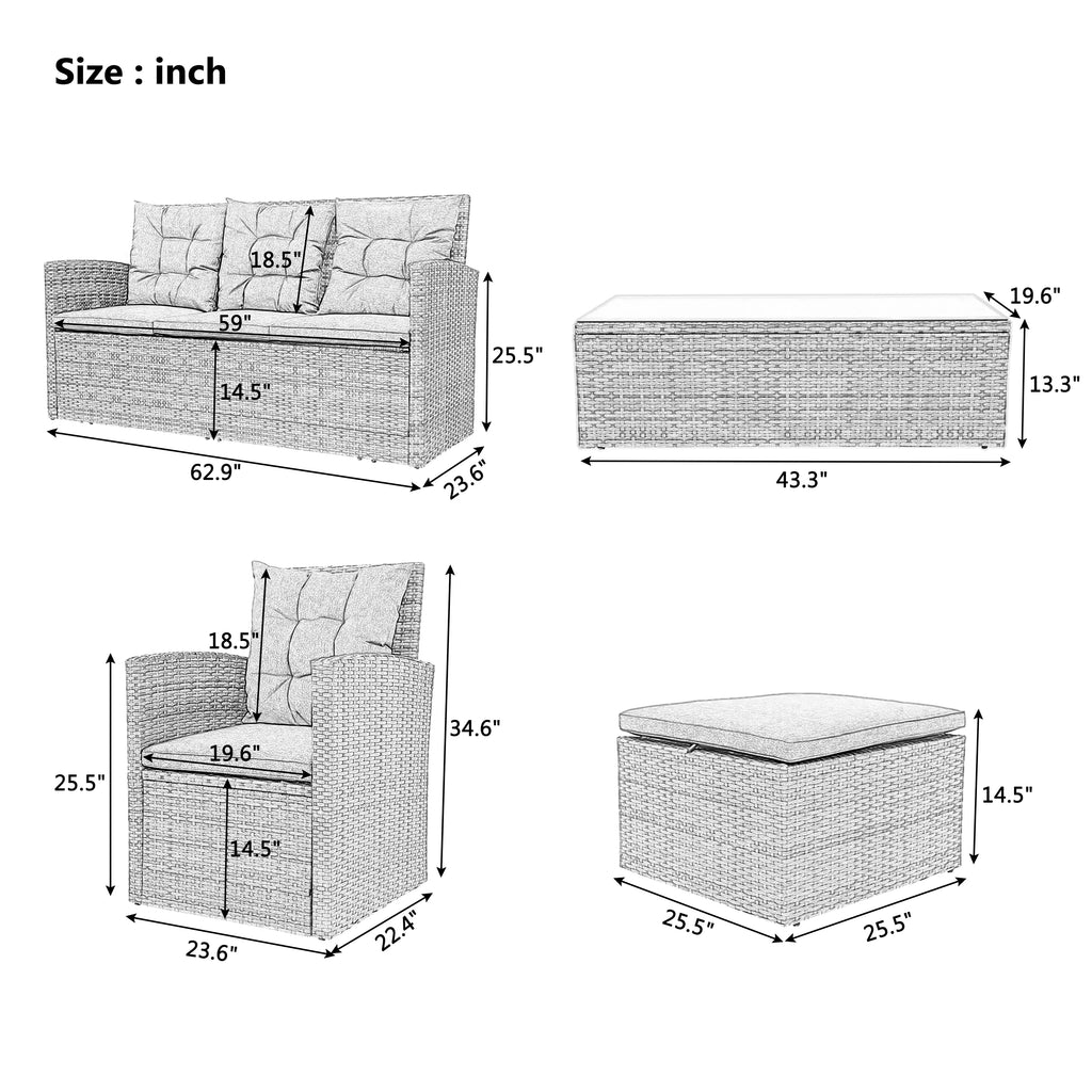 5-Piece Wicker PE Rattan Patio Sofa Set with Glass Coffee Table and Ottoman X86348