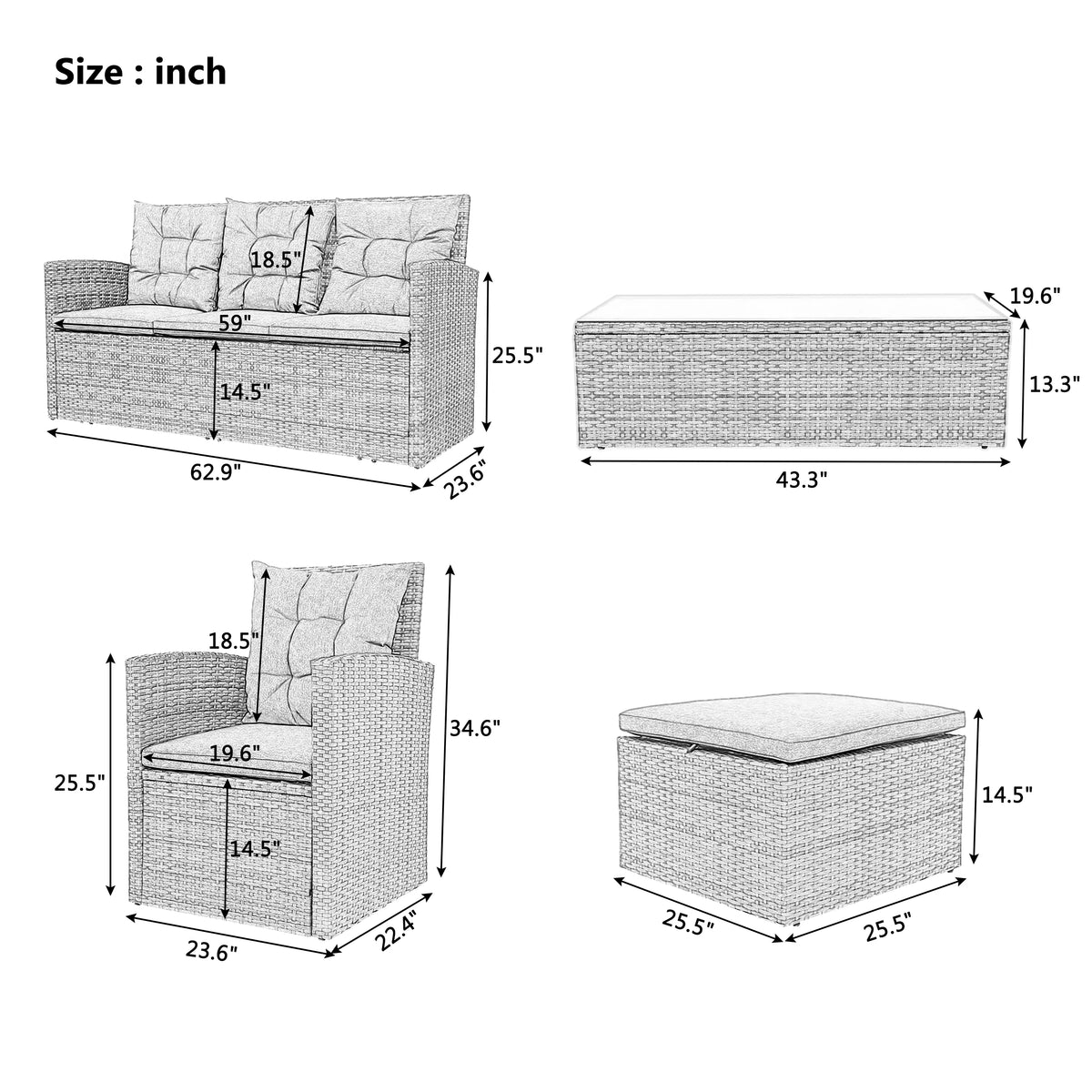 5-Piece Wicker PE Rattan Patio Sofa Set with Glass Coffee Table and Ottoman X86348