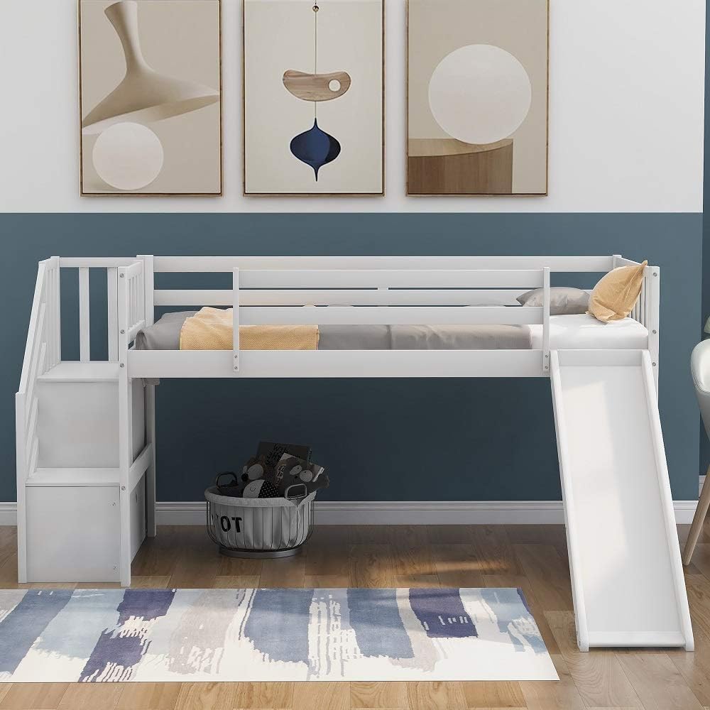 Twin Loft Beds with Slide and Staircase U431