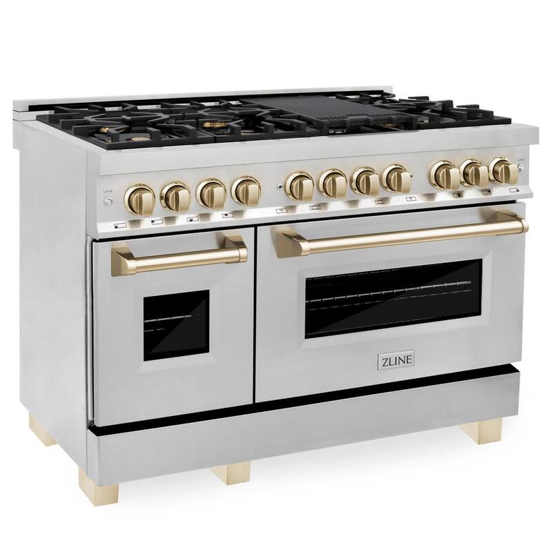 48 in. 7 Burner Double Oven Dual Fuel Range in Stainless Steel and Polished Gold M505
