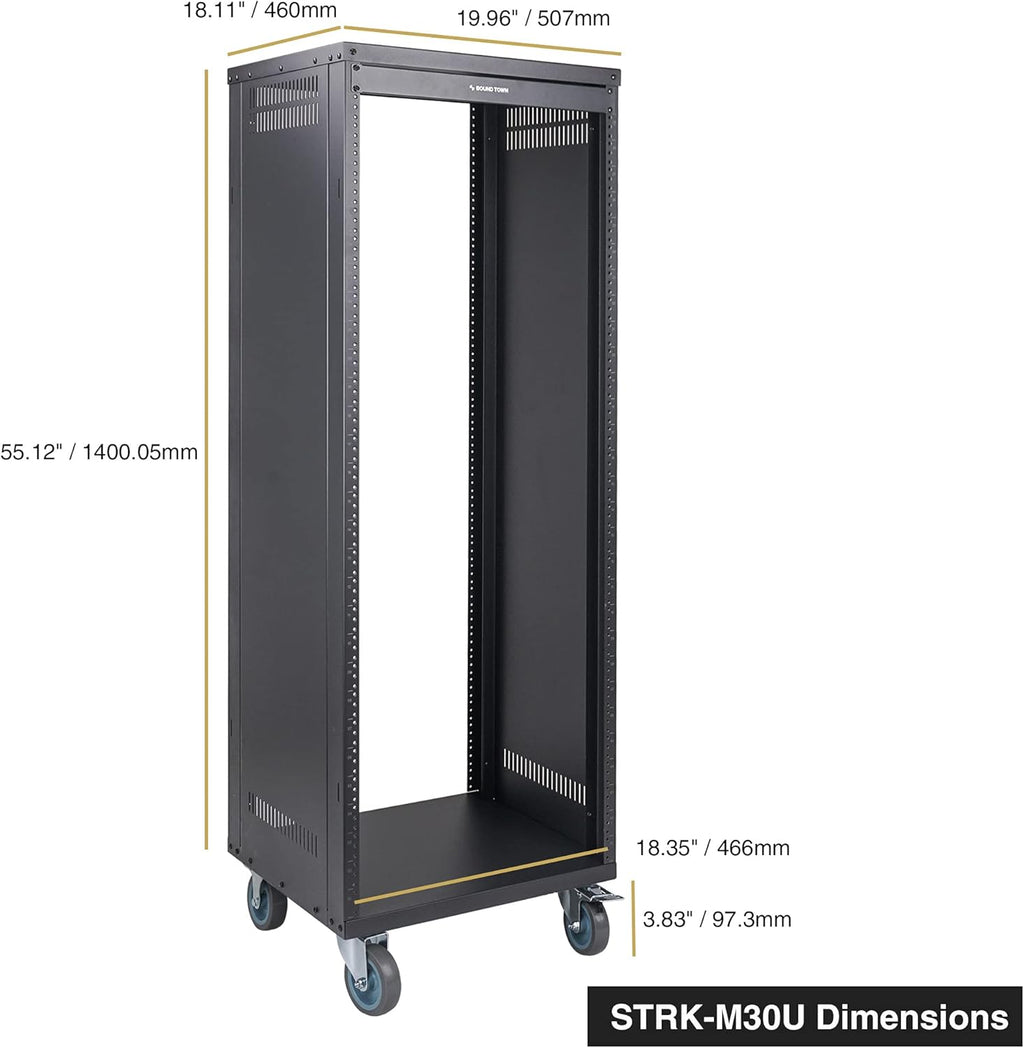 30U Universal Steel Rack with 3 Locking Casters and Vented Side Panels T64098