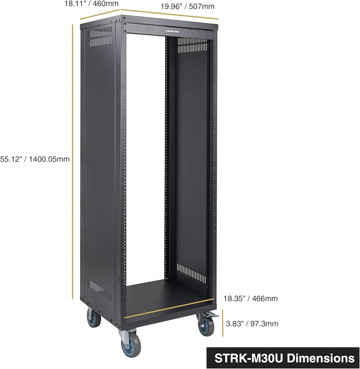 30U Universal Steel Rack with 3 Locking Casters and Vented Side Panels T64098
