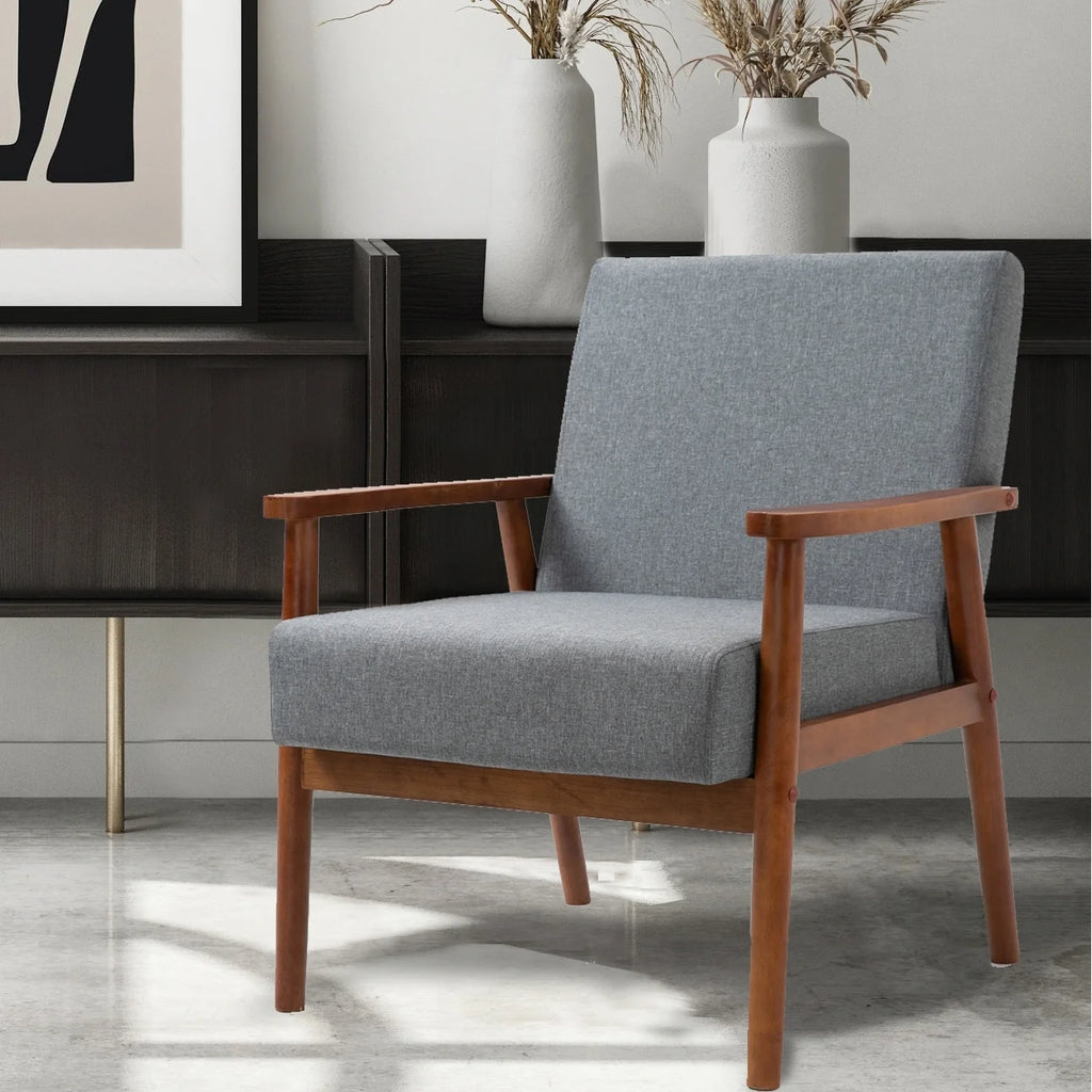 Mid-century Modern Solid Wood Brown Faux Leather Armchair C217843