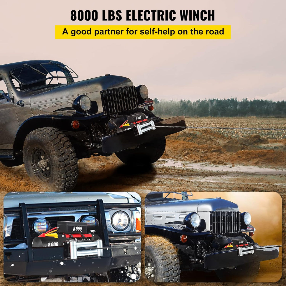 Electric Winch 8000lb Load Capacity 12V Steel Cable Wireless Remote Control P574041