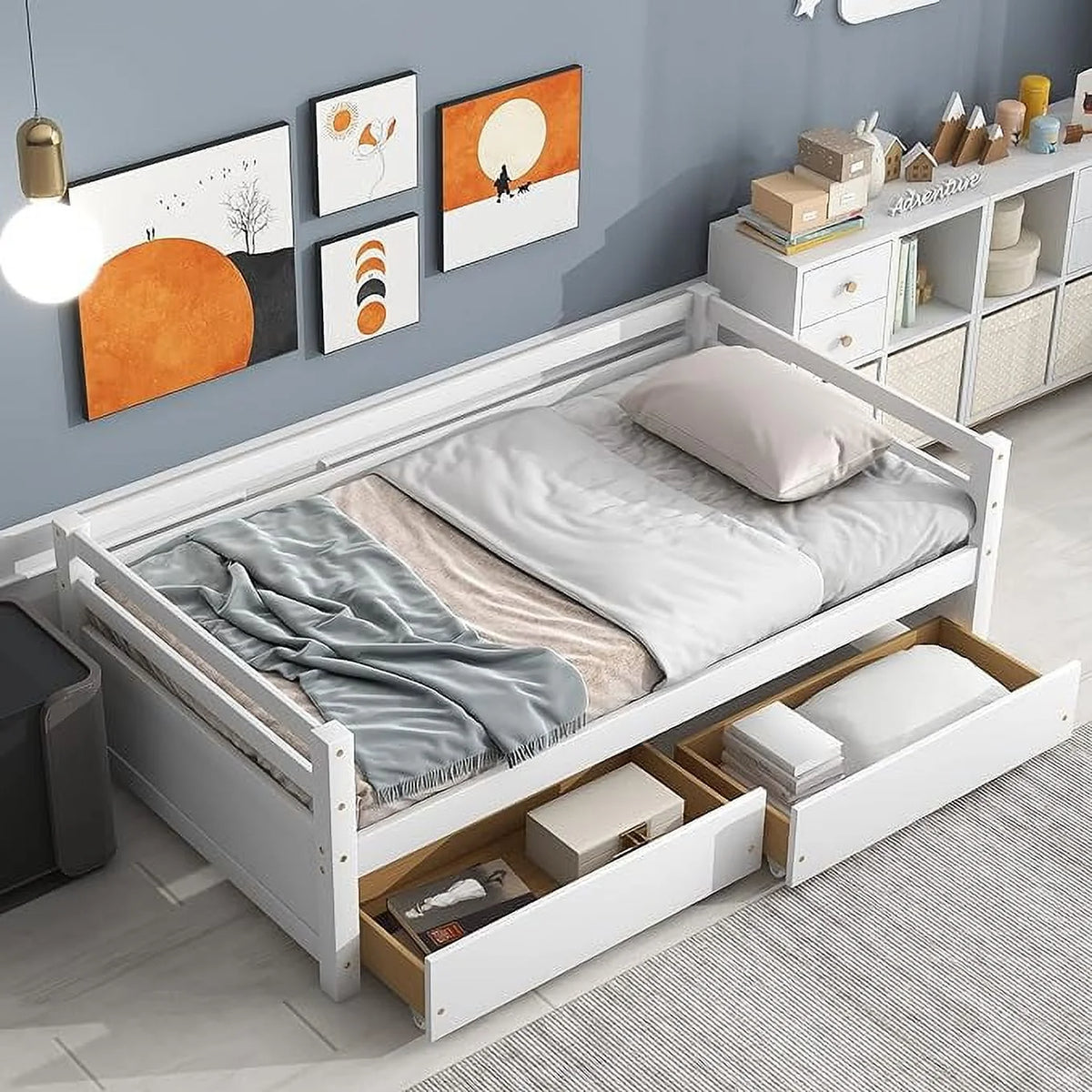 Twin Upholstered Daybed with Storage, Linen Button-Tufted, Double Drawers, Wood Slats, Beige Z196