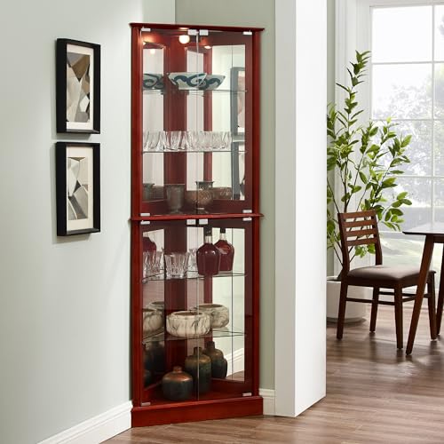 72" Tall Corner Cabinet with LED Light, Glass Doors, Adjustable Shelves, Mirrored Back Panel, Curved Wood J745852