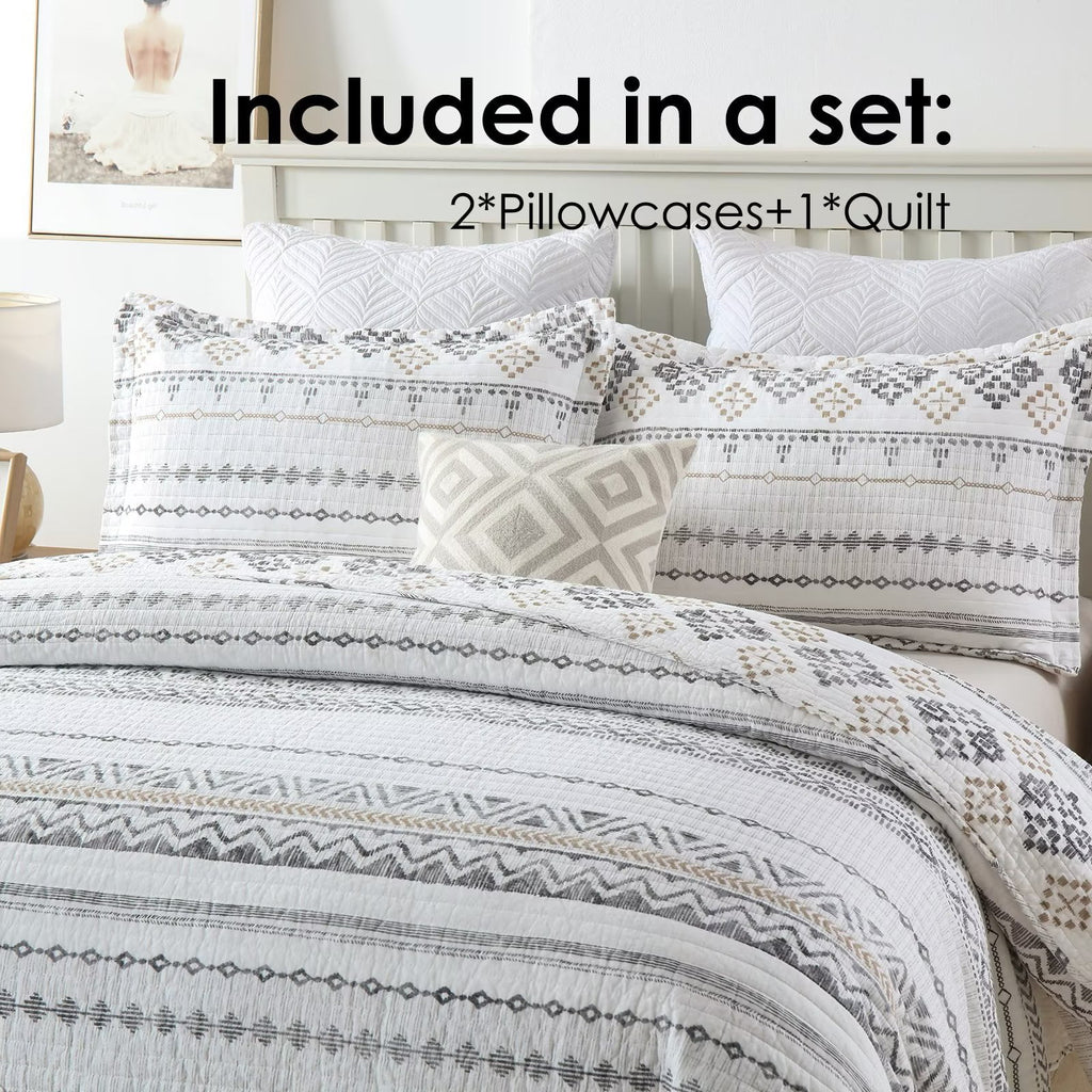 100% Cotton King Size Quilt Set White Charcoal Geometric Striped 3-Piece A876