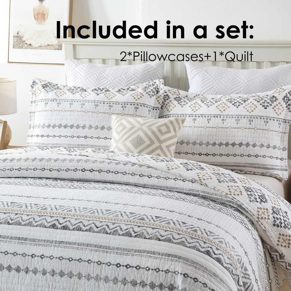 100% Cotton King Size Quilt Set White Charcoal Geometric Striped 3-Piece A876