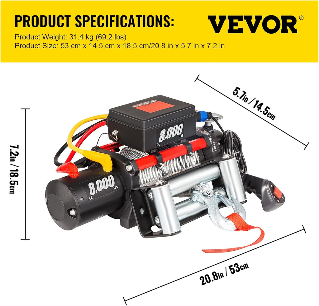 Electric Winch 8000lb Load Capacity 12V Steel Cable Wireless Remote Control P574041