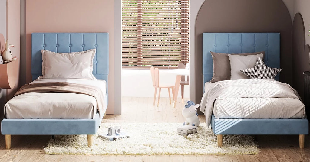 Twin Bed Frame with Upholstered Headboard, Grey E120852