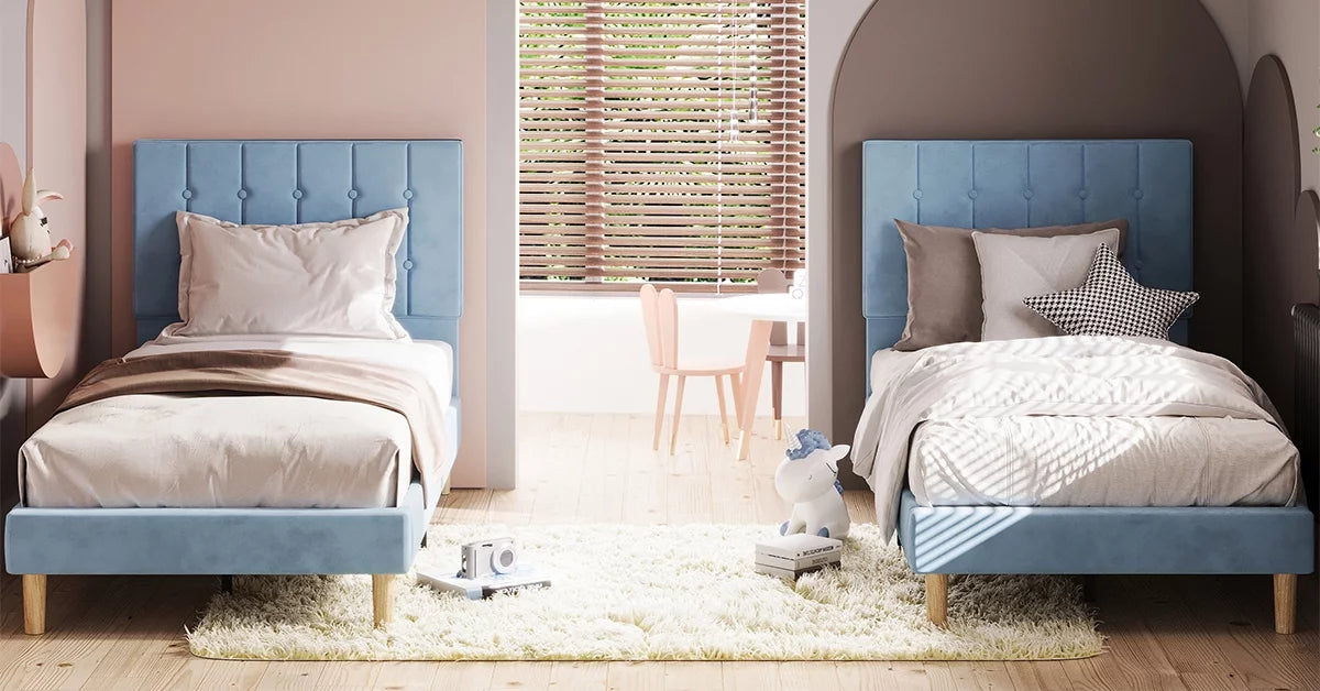 Twin Bed Frame with Upholstered Headboard, Grey E120852