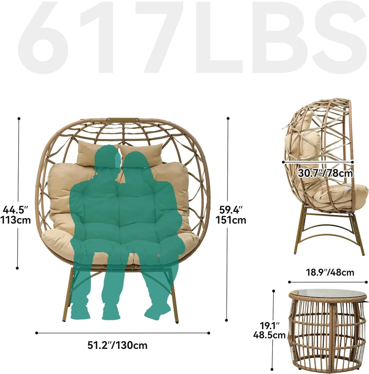 Double Egg Chair with Legs 2 Person Wicker Egg Chair with Cushions O1376