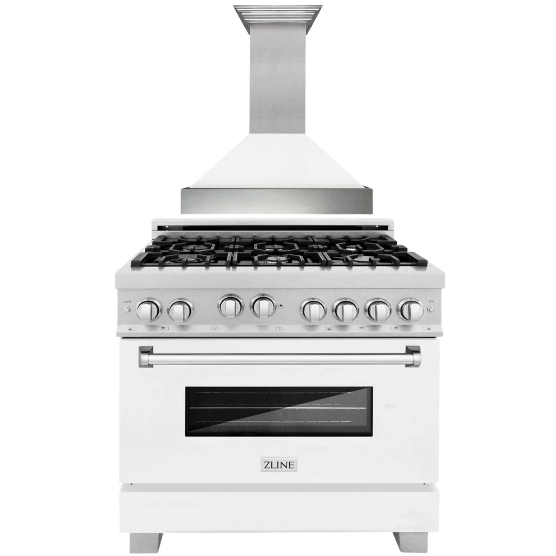 36 Gas Range with White Matte Door & Range Hood Appliance Package V6651