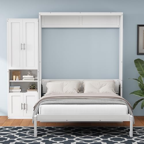 Queen Murphy Bed with 2 Side Cabinet Storage Shelf, Metal Frame, Brown J6424