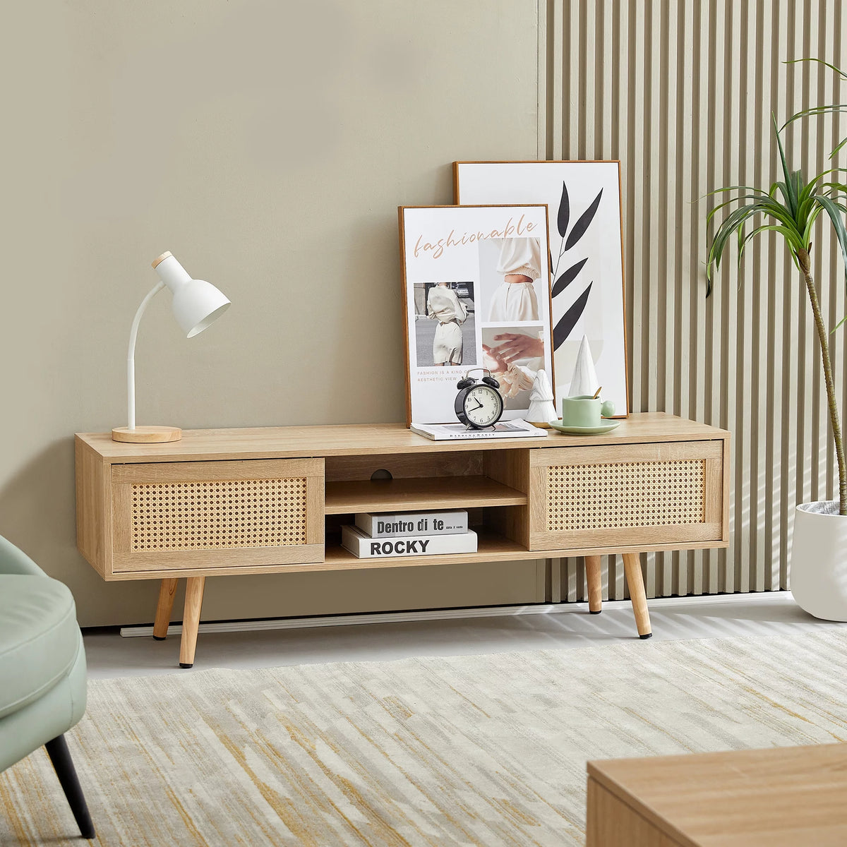 55.12" Rattan TV Cabinet with Sliding Doors and Adjustable Shelf Y975