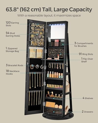White 6 LEDs Lockable Mirror Jewelry Cabinet with 3 Storage Shelves I21531