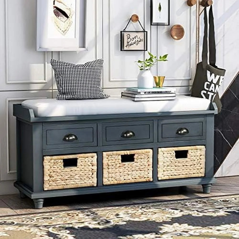 Rustic Bench with 3 Drawers and 3 Rattan Baskets Shoe Bench with Removable Cushion T41280