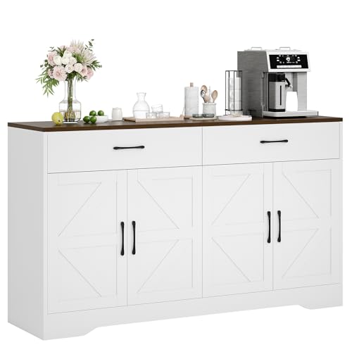 White 55" Wood Sideboard Buffet Cabinet with Drawers and Doors Y850291
