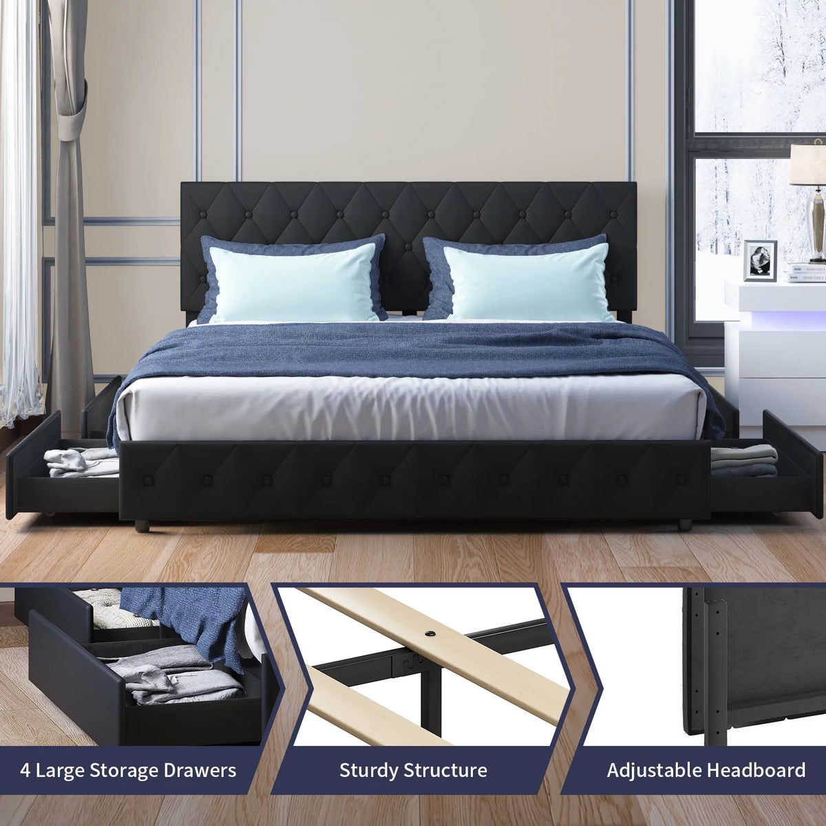 Black King Storage Bed Frame with 4 Drawers P781