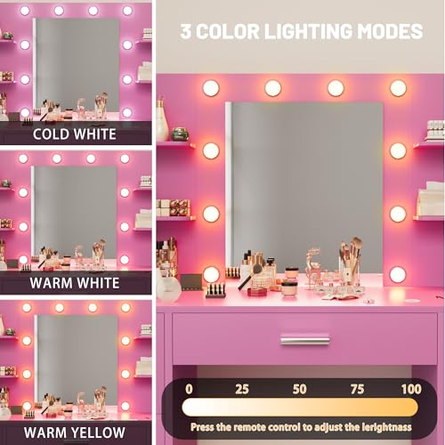 White Vanity Desk with Mirror, LED Lights, 7 Drawers and 6 Storage Shelves M659183
