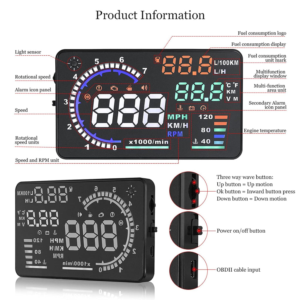 5.5 inches Multi Color Car HUD Windshield Screen Display D7076