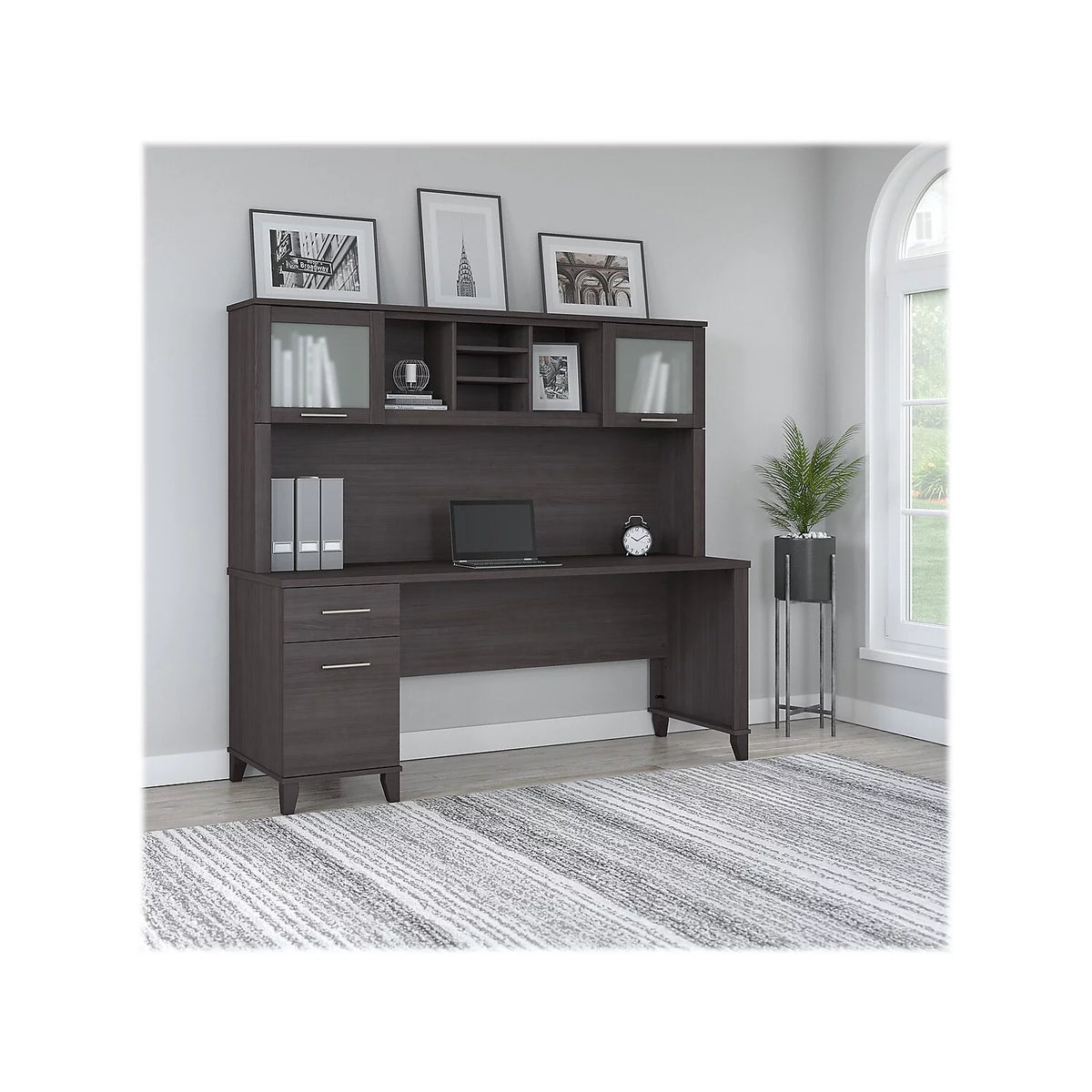 72W Office Desk with Drawers and Hutch in Storm Gray X3856
