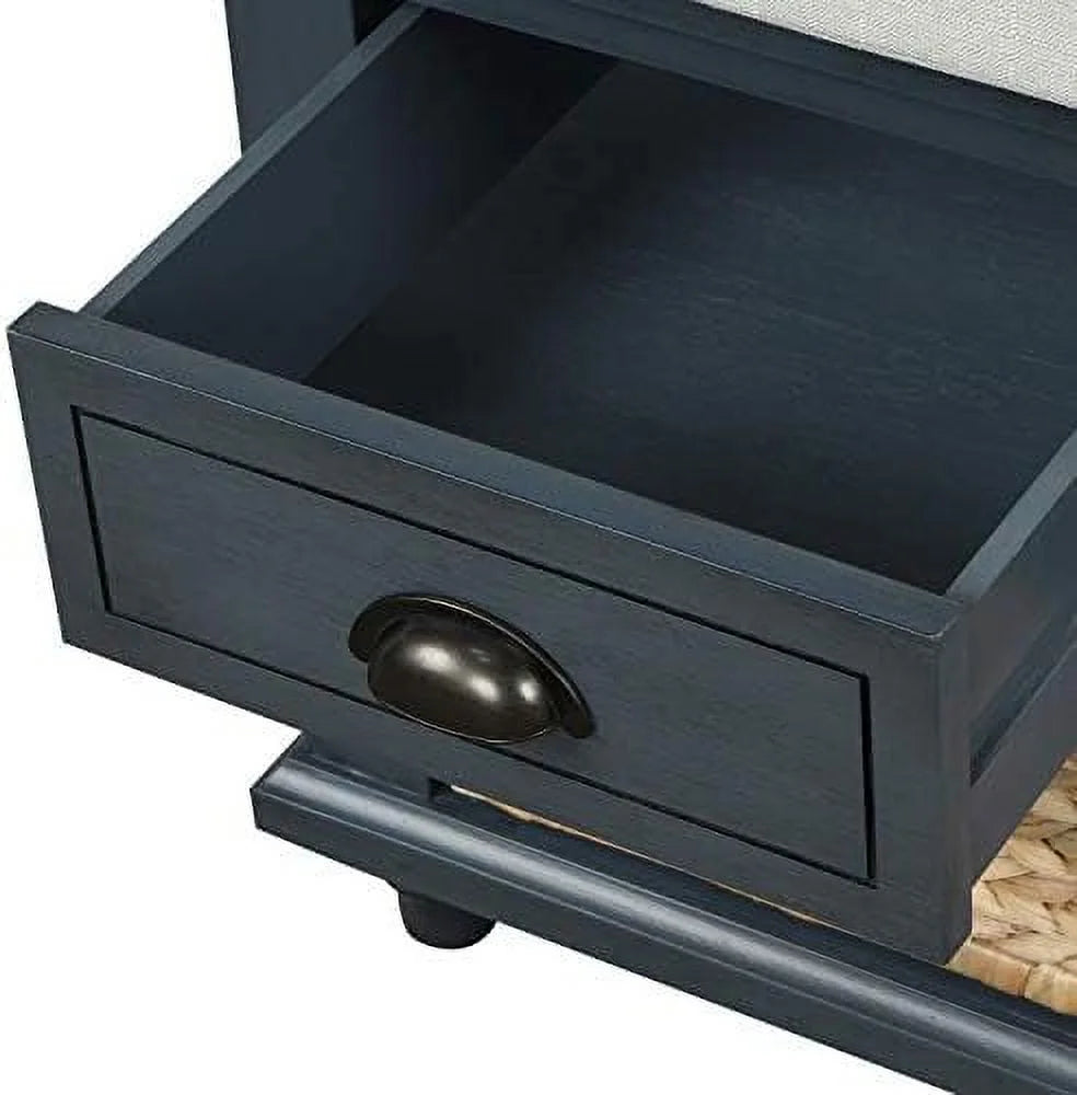 Rustic Bench with 3 Drawers and 3 Rattan Baskets Shoe Bench with Removable Cushion T41280