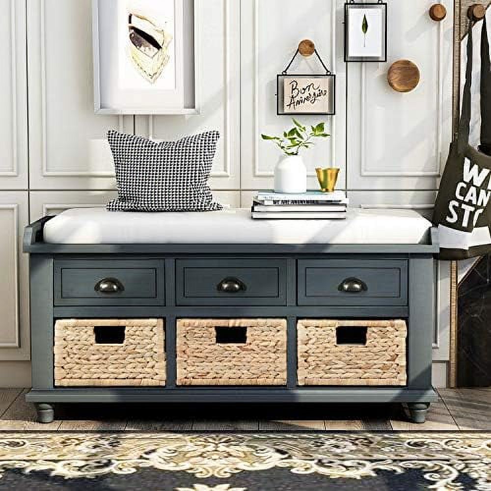 Rustic Bench with 3 Drawers and 3 Rattan Baskets Shoe Bench with Removable Cushion T41280