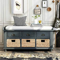 Rustic Bench with 3 Drawers and 3 Rattan Baskets Shoe Bench with Removable Cushion T41280