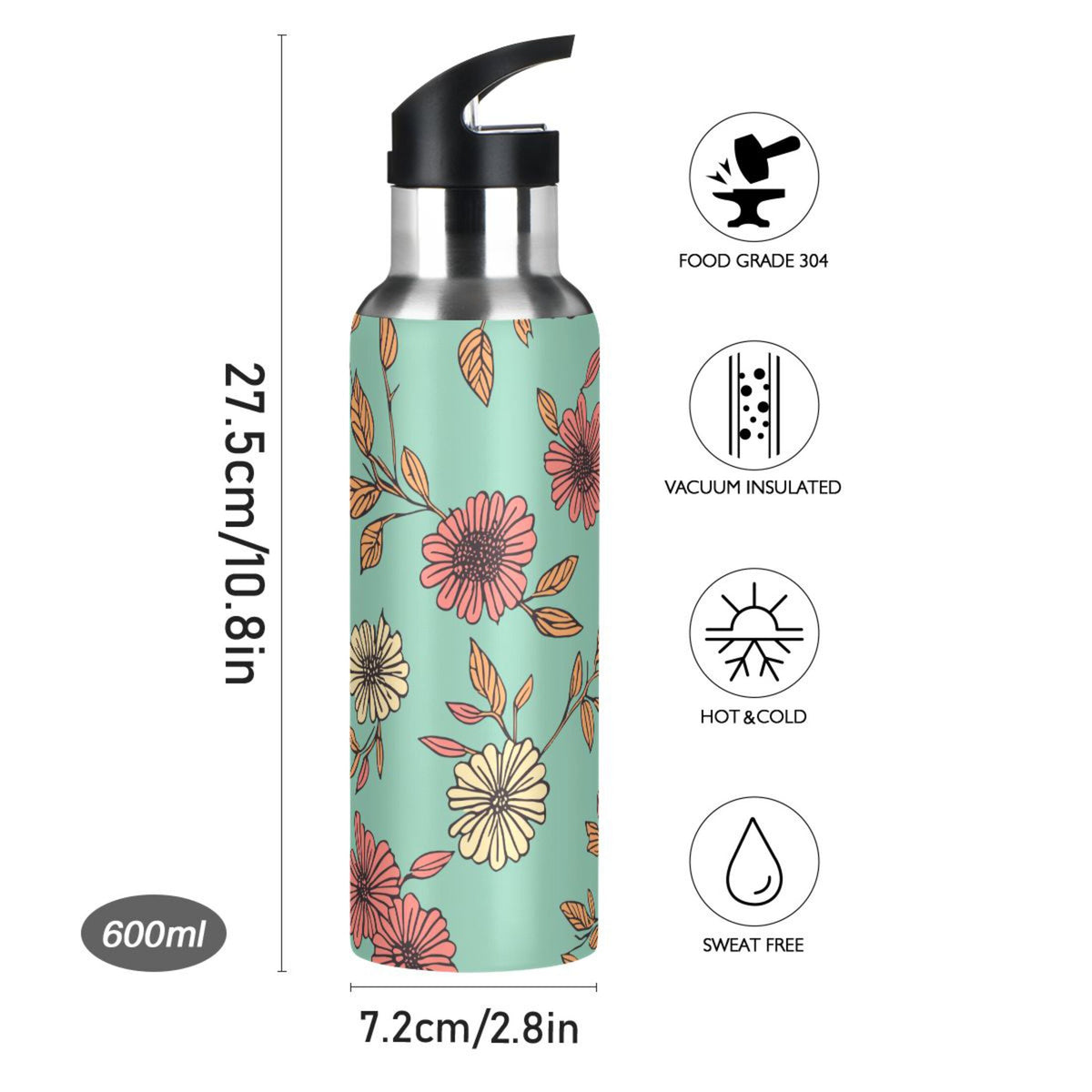 20 oz Insulated Stainless Steel Water Bottle with Straw Lid V668