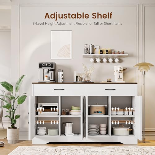 White 55" Wood Sideboard Buffet Cabinet with Drawers and Doors Y850291