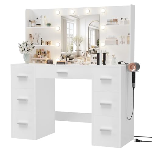 White Vanity Desk with Mirror, LED Lights, 7 Drawers and 6 Storage Shelves M659183
