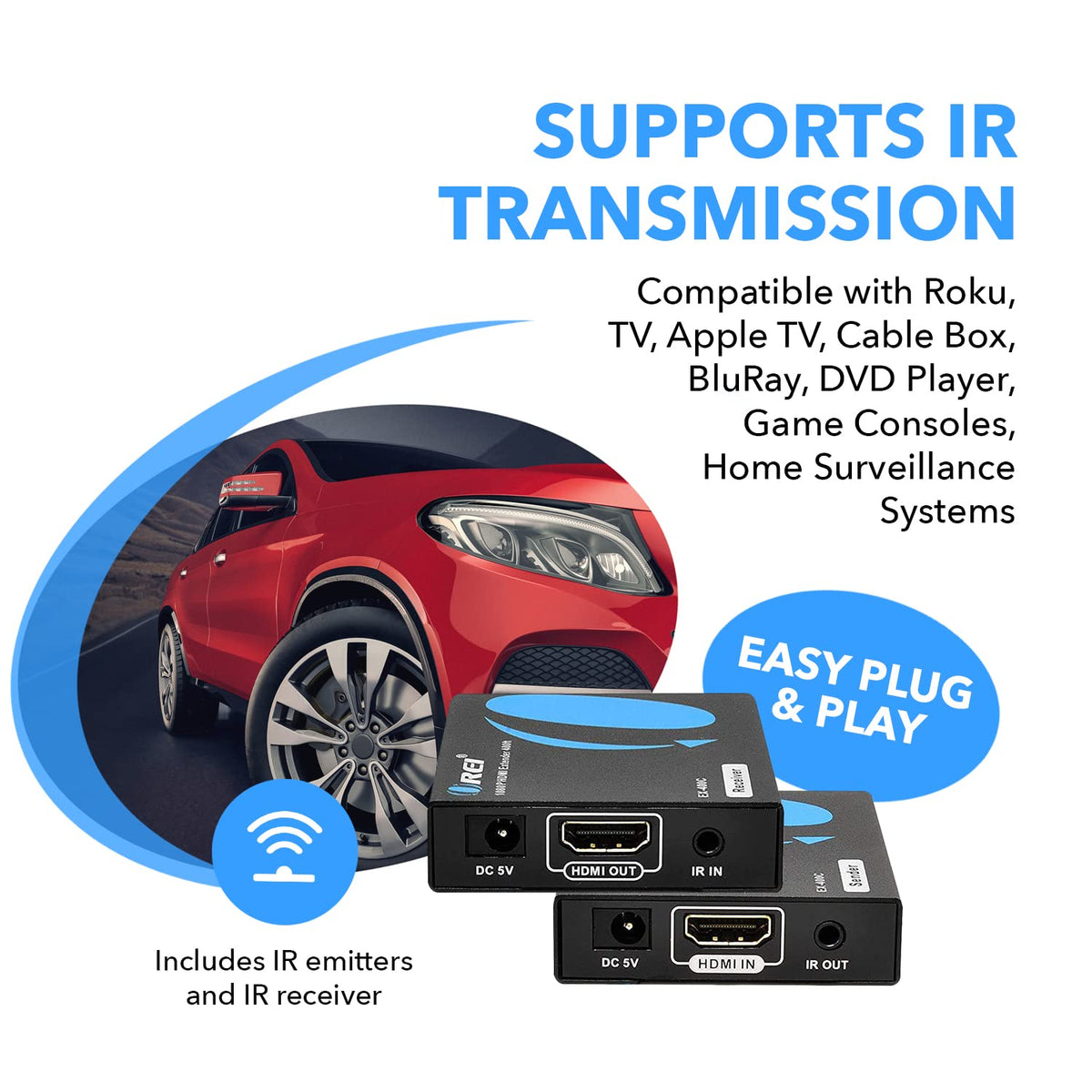 HDMI Extender Over LAN Single CAT5e/CAT6A/CAT7 Cable Uncompressed 1080p @ 60Hz with IR Up to 400 Ft Balun Kit Video Transmitter and Receiver W477