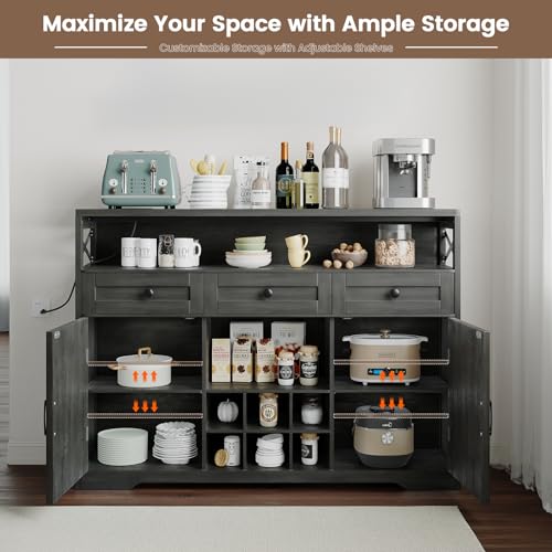 White 55" Wood Sideboard Buffet Cabinet with Drawers and Doors Y850291