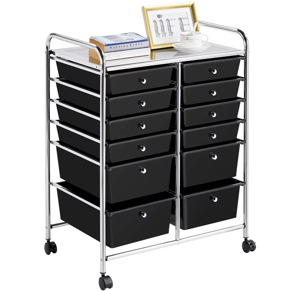 12 Drawer Rolling Storage Cart with Castors, Black B5655