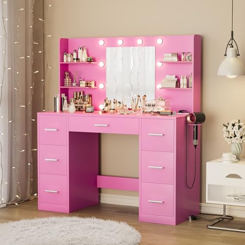 White Vanity Desk with Mirror, LED Lights, 7 Drawers and 6 Storage Shelves M659183