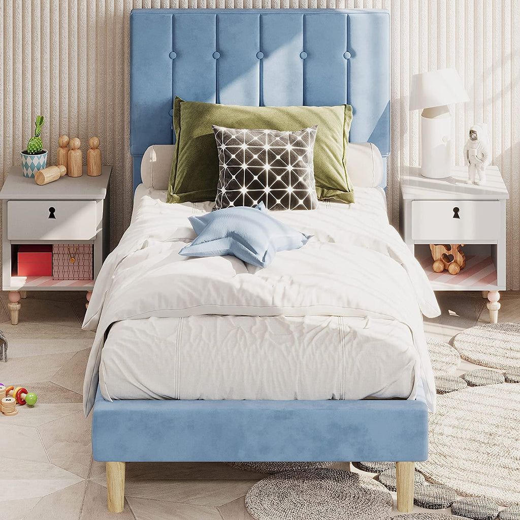 Twin Bed Frame with Upholstered Headboard, Grey E120852