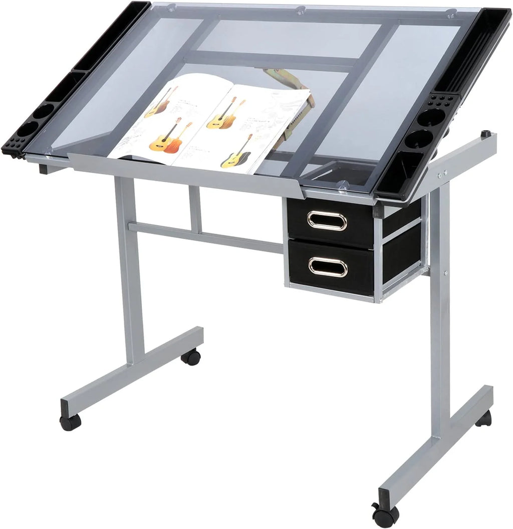 Adjustable Glass Tabletop Drawing Desk with 2 Slide Drawers and Wheels B654