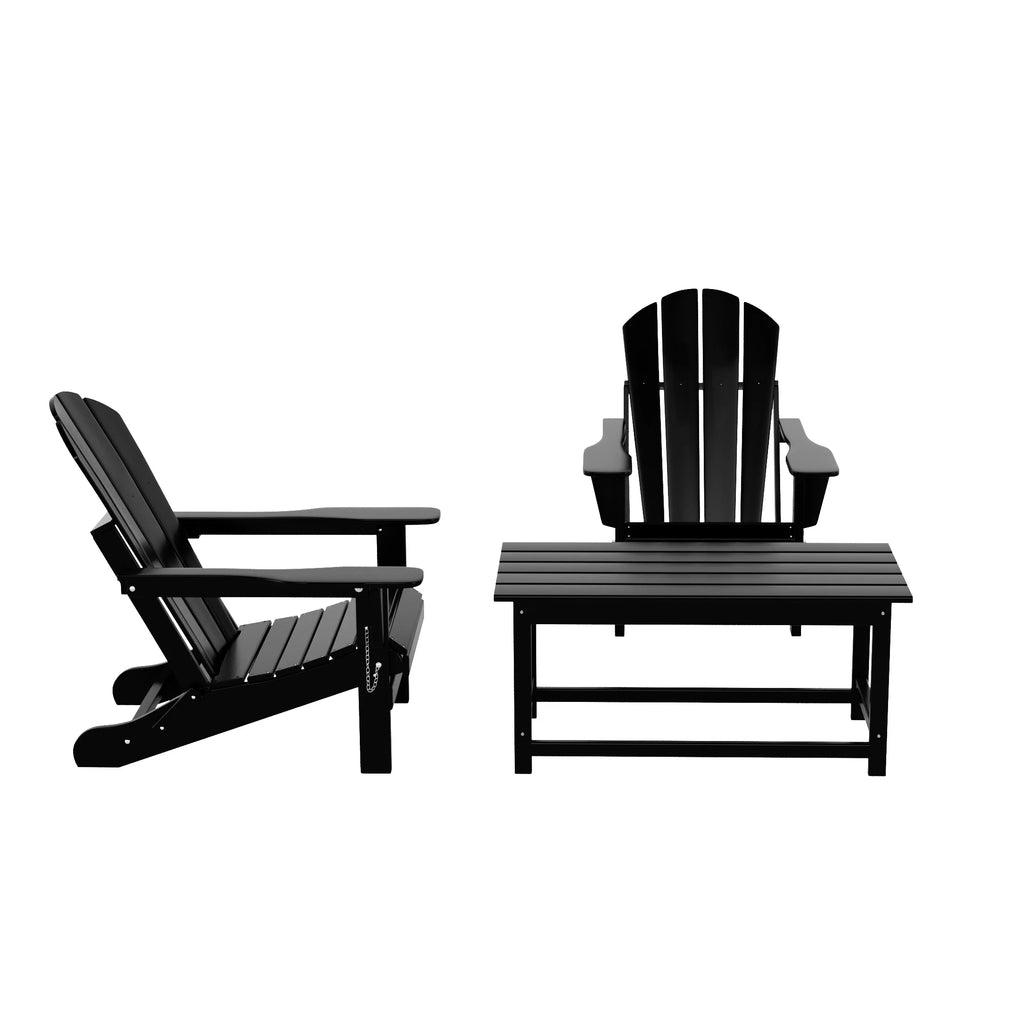Black 3-Pieces Outdoor Patio Furniture Set Plastic Adirondack Chair Set of 2 with Coffee Table W8349
