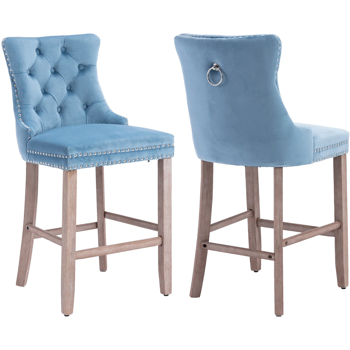 Velvet Bar Stools Set of 2, 27" Seat Height, Tufted Back, Wood Frame, Light Blue F7491