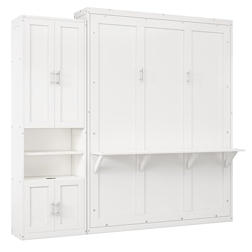 Queen Murphy Bed with 2 Side Cabinet Storage Shelf, Metal Frame, Brown J6424