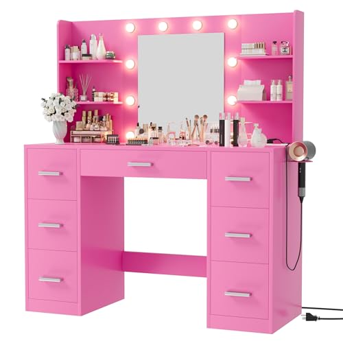 White Vanity Desk with Mirror, LED Lights, 7 Drawers and 6 Storage Shelves M659183