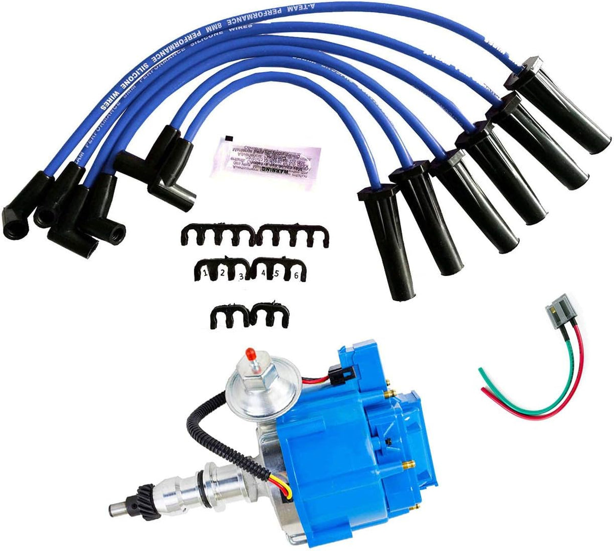 HEI Distributor Blue Cap 6CYL 8mm Silicone Spark Plug Wires Set Y154057