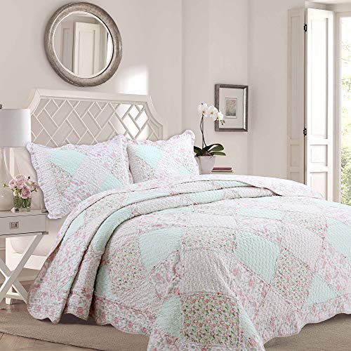 3-Piece Soft Pink Peach Green Cotton Reversible Queen Quilt Bedding Set J587746