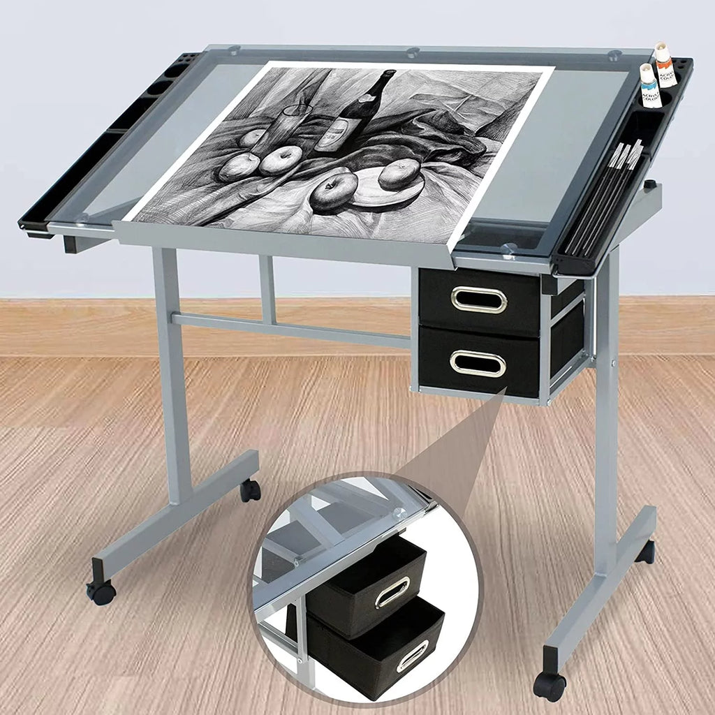 Adjustable Glass Tabletop Drawing Desk with 2 Slide Drawers and Wheels B654