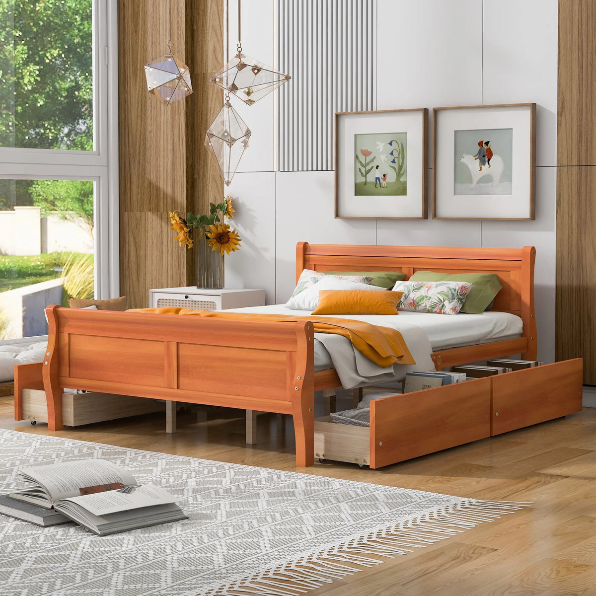 Queen Size Wood Platform Bed Frame with 4 Storage Drawers W961057