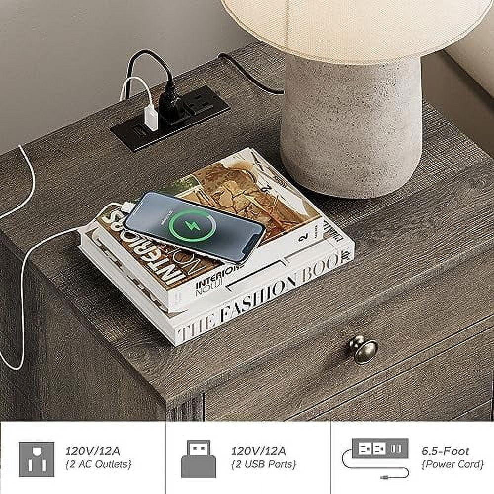 Dark Antique Brown Wood Nightstand with Charging Station and 2 Sliding Drawers Q90198