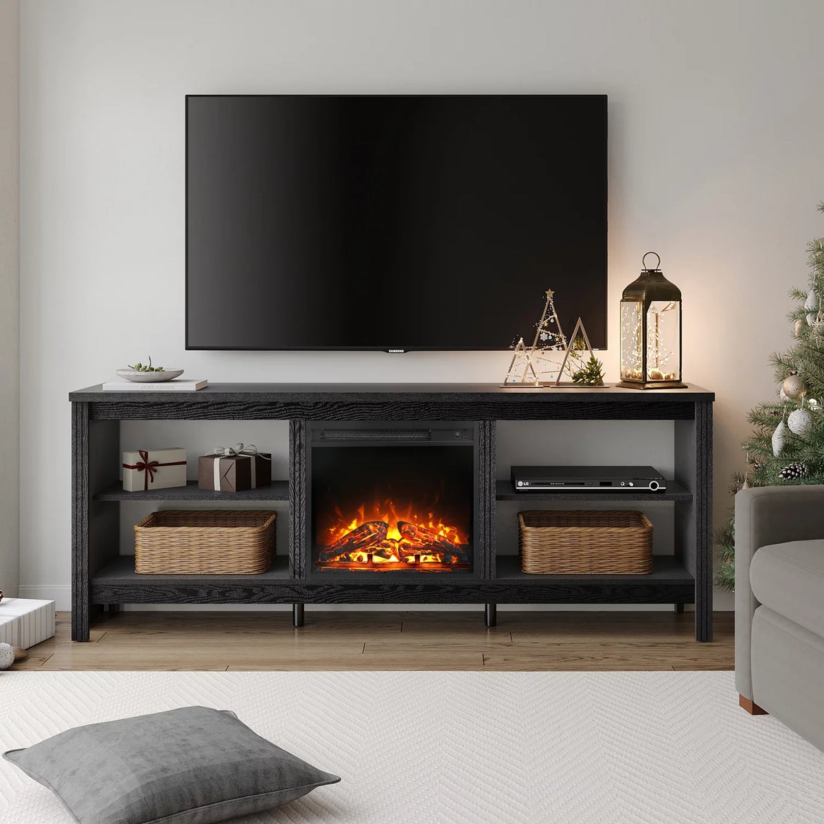 Black 70 inch Wood Fireplace TV Stand with 4 Storage J830927